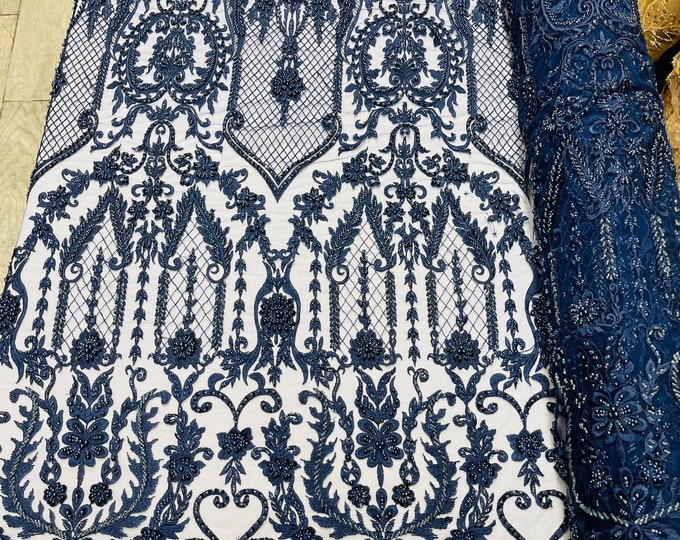 Mia’s Fabrics, Navy - Beaded Fabric - by the yard - Embroidered With Pearls and Beads on Mesh