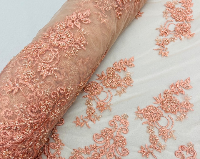 Peach Floral Cluster Beaded Fabric - Embroidered Flower Beaded Fabric Wedding Bridal Sold By The Yard