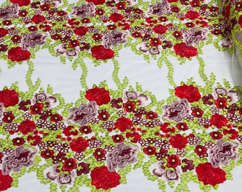 Multi Color Floral Design Embroidered on White Mesh Lace Fabric, Floral Bridal Lace Wedding Dress by the Yard (Pick a Size)