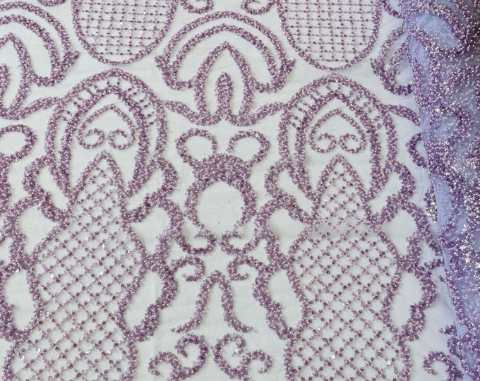 Lilac Beaded Fabric by the yard, Bridal Wedding beaded, Damask Pattern With Beads and Sequin, Appliqué lace for bridals,weddings