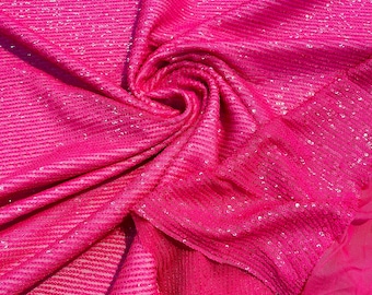 Hot Pink Mille Stripe Sequin Fabric: 4-Way Stretch Mesh, Couture Gown by the yard