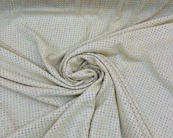 Iridescent Rhinestones Fabric On Champagne Power Mesh Nylon Spandex With Crystal Stones, AB Rhinestones sold by the yard