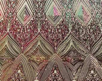 Iridescent Geometric Sequin Fabric – Green, Purple Triangular Design