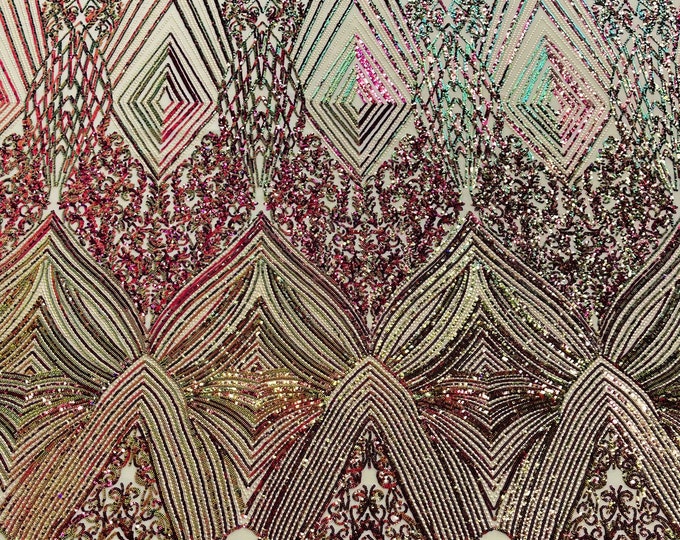 Green/Purple Iridescent on Nude Mesh  4 Way Stretch Geometric Sequins - Nova Design Triangular Fabric for Prom Gala Gown Sold By The Yard