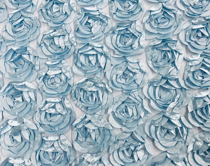 Baby Blue Rosette Fabric 3D Floral Fabric By The Yard, Peony Bouquet Fabric on Mesh, 3D Rosette Satin Fabric Wedding Decor.