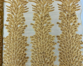 Gold Beaded Peacock Feathers - 3D Vegas Design with Embroidered Sequins and Beads On a Mesh Lace Fabric for Prom Dress ( Sold By Panel )