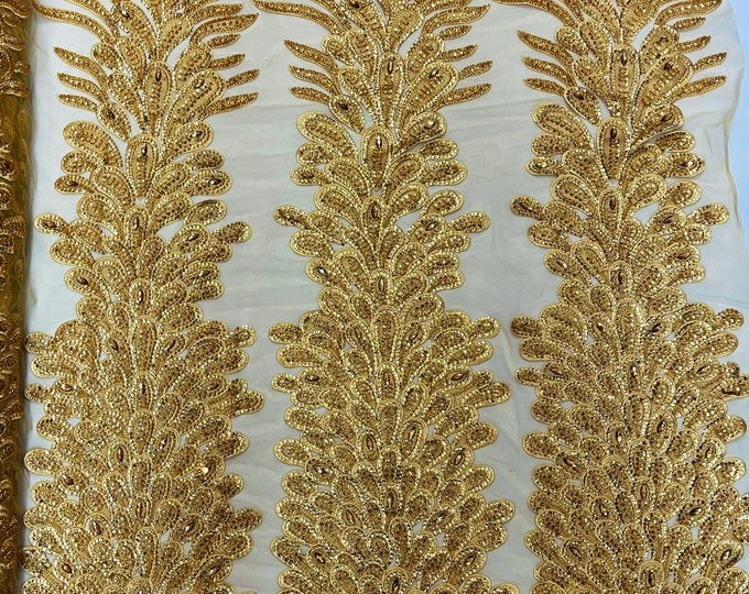 Gold Beaded Peacock Feathers - 3D Vegas Design with Embroidered Sequins and Beads On a Mesh Lace Fabric for Prom Dress ( Sold By Panel )