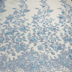 Baby Blue 3D Floral Design - by the Yard - Embroider Flower With Pearls ...