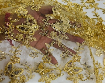 Gold Butterfly Embroidered Lace Fabric: Metallic Corded Mesh, Scalloped Edge