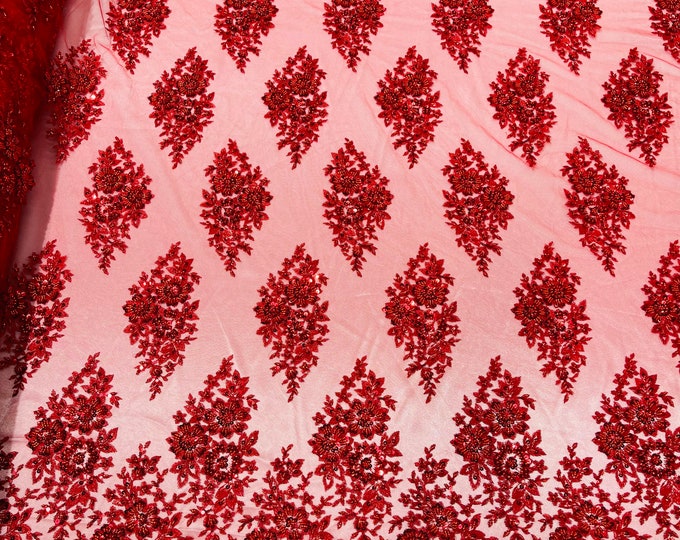 Red Floral Cluster Beaded Fabric - Sold By The Yard - Embroidered Flower Beaded Fabric Wedding Bridal