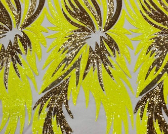 Yellow Gold Sequin Angel Wing Fabric: Embroidered Mesh, Prom Gown