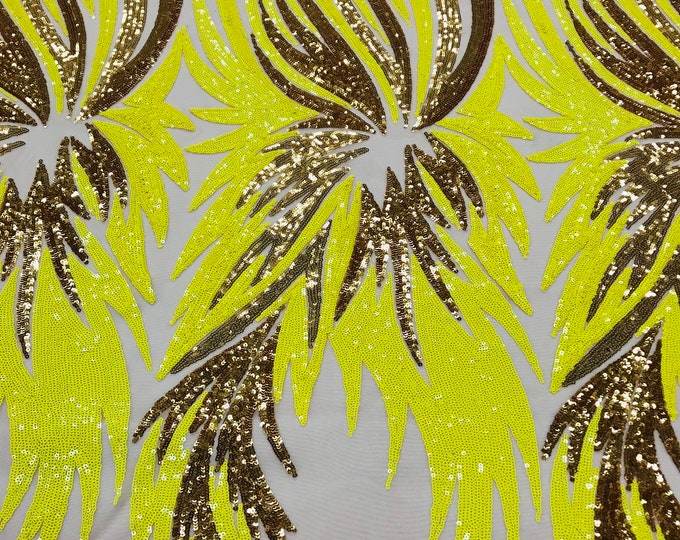 Yellow/Gold Sequins Angel Wings 4 Way Stretch Sequin Design Embroidered on a Mesh Prom Gala Gown Sold By The Yard