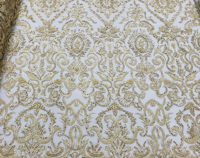 Champagne Embroidered Damask Pattern With Pearls and Beads on a Mesh - Beaded Fabric - Lace Fabric by the yard
