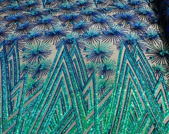 Green Iridescent Geometric Design 4 Way Stretch, Embroidered With Sequins On Power Mesh, By The Yard
