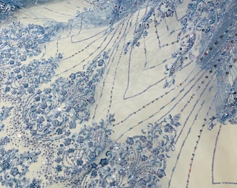 Blue Beaded Fabric By The Yard, Luxury Geometric Design Beads and Sequins, Beaded Fabric Embroidered on a Mesh Lace,Wedding,Bridal,Dress