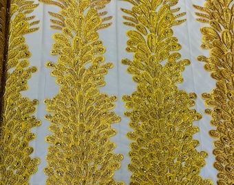 Yellow Beaded Peacock Feather Lace Fabric: 3D Embroidered Sequins, Prom Dress