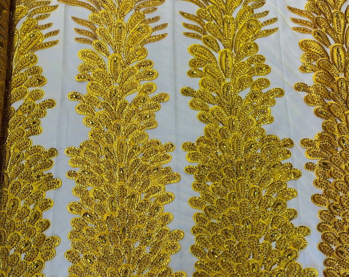 Yellow Beaded Peacock Feathers 3D Vegas Design with Embroidered Sequins and Beads On Mesh Lace Fabric for Prom Dress (Choose The Panels)