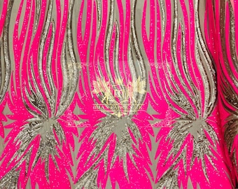 Hot Pink/Matte Gold on Nude Mesh Angel Wings 4 Way Stretch Sequin Design Embroidered on a Mesh Prom Gala Gown Sold By The Yard