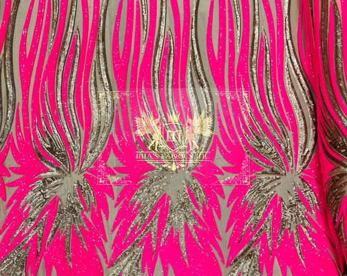 Hot Pink/Matte Gold on Nude Mesh Angel Wings 4 Way Stretch Sequin Design Embroidered on a Mesh Prom Gala Gown Sold By The Yard