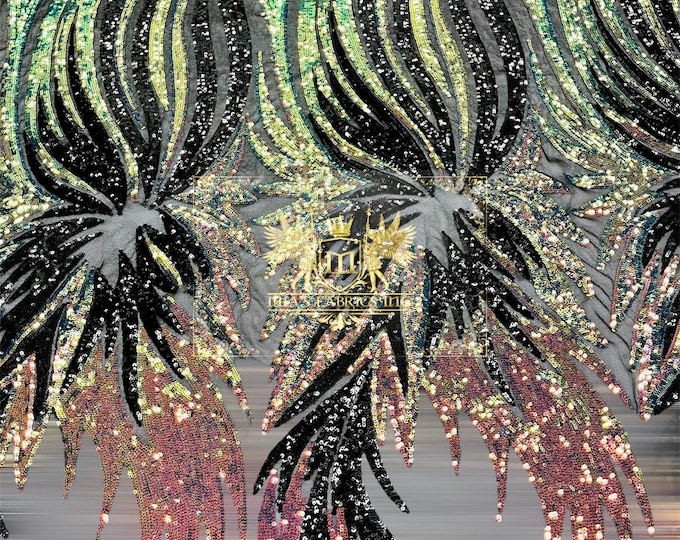 Iridescent Rainbow/Black Sequins on Black Mesh Angel Wings 4 Way Stretch Sequin Design Embroidered on a Mesh Prom Gala Gown Sold By The Yard