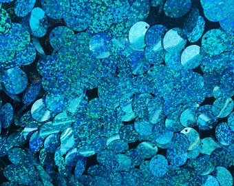 Holographic Blue Round Sequin Paillette Iridescent, Tear Drop Mermaid Sequins Fabric Mesh (Pick a Size)