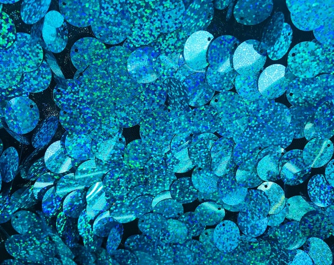 Holographic Blue Round Sequin Paillette Iridescent, Tear Drop Mermaid Sequins Fabric Mesh (Pick a Size)