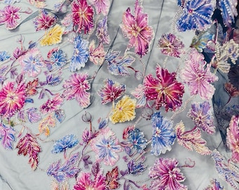 3D Flower Beaded Sequin Fabric: Embroidered Print Taffeta Multi Color Floral Wedding ( Navy Mesh )