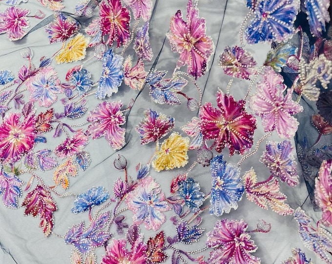 3D Flower Beaded Sequin Fabric: Embroidered Print Taffeta Multi Color Floral Wedding ( Navy Mesh )