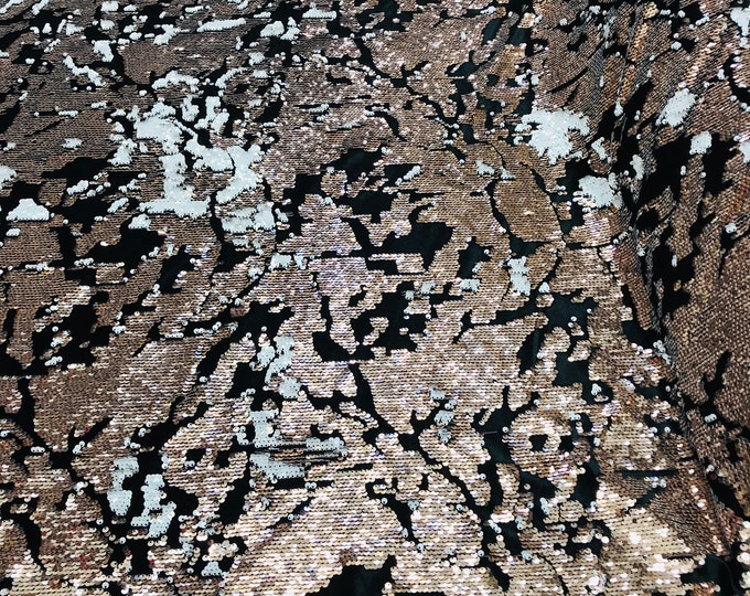 Rose Gold/White Sequin on Black Stretch Velvet, Reversible Sequins all Over 5mm Flip Sequins 2-way Stretch 60” (Choose The Quantity)