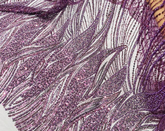 Plum Beaded Lace Fabric: Embroidered Mesh, Bridal Wedding Dress - Sold By The Yard