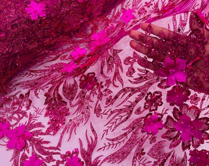 Fuchsia Glitter Floral Mesh, Glitter 3D Flower Sequin Fabric, Wedding Dresses & Quinseñera
