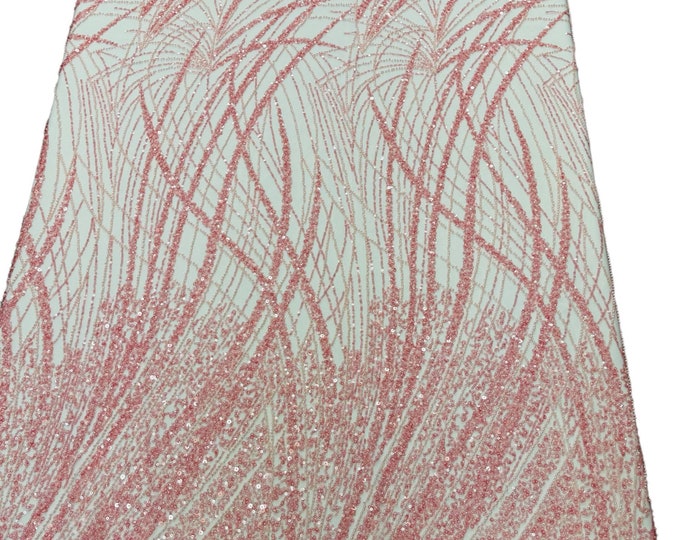 Pink Fashion Design Beads and Sequins, Beaded Fabric Embroidered on a Mesh Lace,Wedding,Bridal,Dress Sold By The Yard
