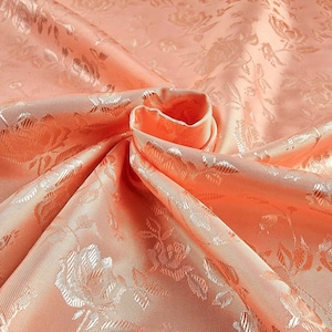 Peach Flower Brocade Jacquard Satin Fabric, Sold By The Yard Polyester Satin Floral Wide 58/60"  (Choose The Quantity)