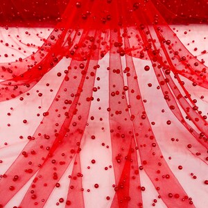 Red, Scattered Pearls Studded Mesh, by the yard - 2 Way Stretch, Pearls On Mesh, Scattered Pearls on Mesh, Bead Wedding Bridal Dress
