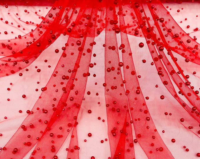 Red, Scattered Pearls Studded Mesh, by the yard - 2 Way Stretch, Pearls On Mesh, Scattered Pearls on Mesh, Bead Wedding Bridal Dress