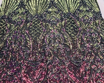 Iridescent Damask Sequin Lace Fabric – 4 Way Stretch Mesh