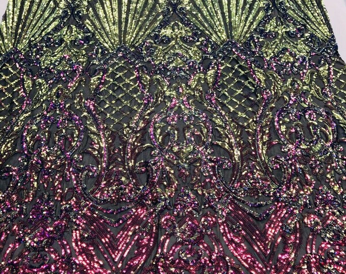 Iridescent Rainbow Damask Selena Design on a 4 Way Stretch Sequin Lace Mesh - Prom Gala Gown Fabric By Yard