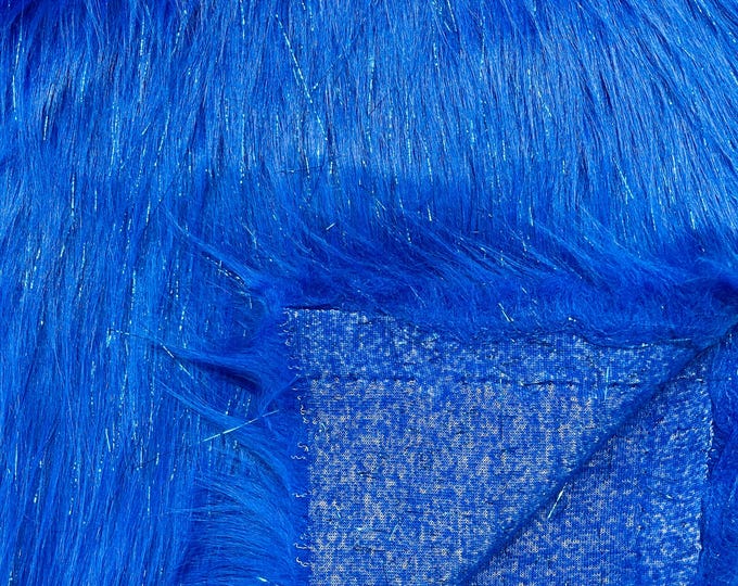 Royal Blue Tinsel Shaggy Long Pile Faux Fur Fabric By The Yard, Luxury Shaggy With Metallic Tinsel Strands, Costume, Apparel, Decoration 60"