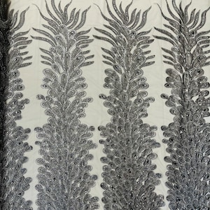 Gray Peacock Feather Beaded Lace Fabric: Vegas Design Prom Dress