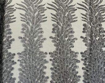 Gray Peacock Feather Beaded Lace Fabric: Vegas Design Prom Dress