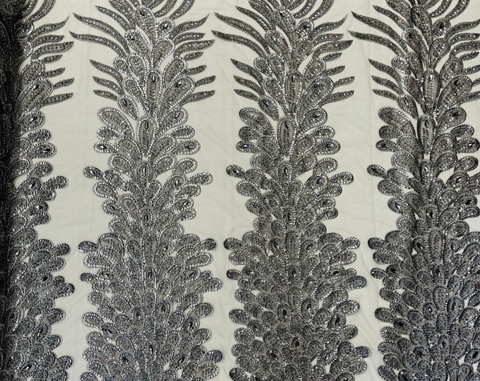 Gray Beaded Peacock Feathers - 3D Vegas Design with Embroidered Sequins and Beads On a Mesh Lace Fabric for Prom Dress (Choose The Panels)