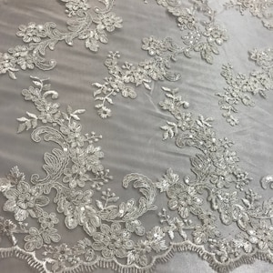 Ivory Floral Lace Fabric, Embroidery With Sequins on a Mesh Lace Fabric By The Yard For Gown, Wedding-Bridal