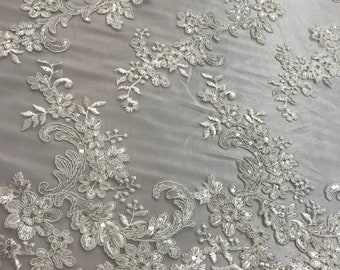 Ivory Floral Lace Fabric, Embroidery With Sequins on a Mesh Lace Fabric By The Yard For Gown, Wedding-Bridal