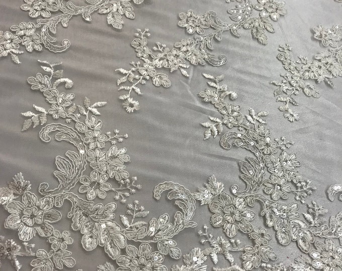 Ivory Floral Lace Fabric, Embroidery With Sequins on a Mesh Lace Fabric By The Yard For Gown, Wedding-Bridal