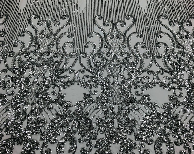Silver Sequins Lace Fabric On White Mesh Damask Design Embroidered On 4 way Stretch Sequin By The Yard -Prom-Gown ( Choose The Size )