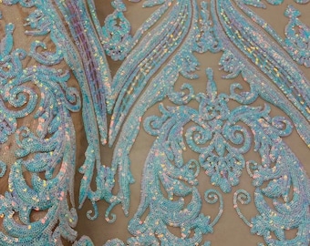 Aqua Iridescent Sequins Fabric Sold By The Yard - on Nude Spandex Mesh - Damask Design 4 Way Stretch Sequin Fabric