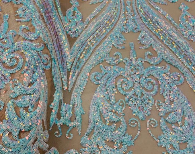 Aqua Iridescent Sequins Fabric Sold By The Yard - on Nude Spandex Mesh - Damask Design 4 Way Stretch Sequin Fabric