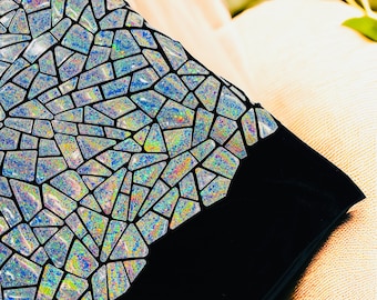 Silver Holographic Sequin Fabric: Geometric 2-Way Stretch Velvet