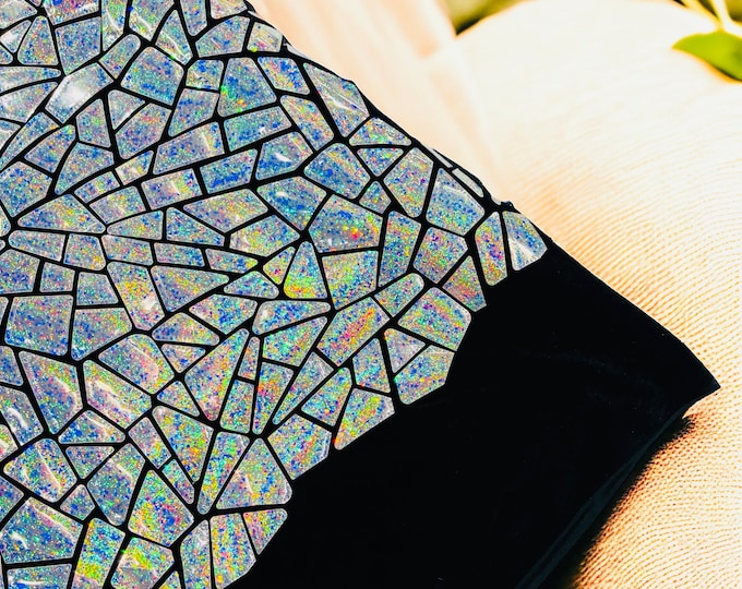 Silver Holographic Mirror Sequin Fabric, 2 way Stretch Velvet Sequin Fabric by the Yard, Geometric Sequin on Black Stretch Velvet Prom