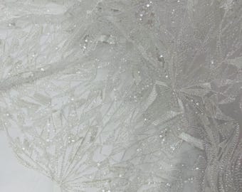 White Beaded Fabric By The Yard, Luxury Geometric Design Beads and Sequins, Beaded Fabric Embroidered on a Mesh Lace,Wedding,Bridal,Dress